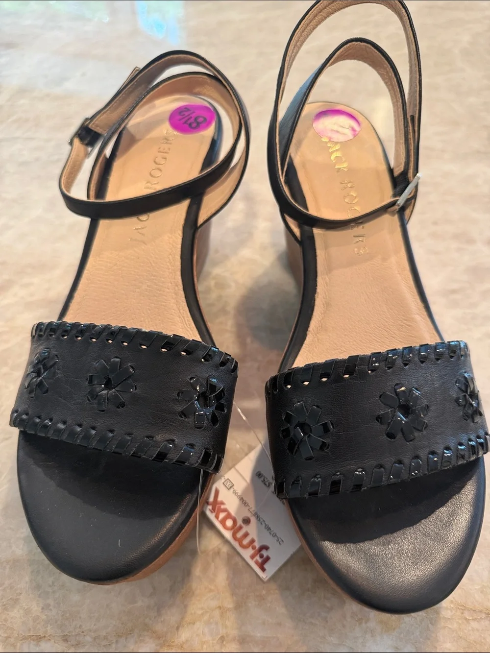 Jack Rogers Black Leather Wedge Sandals Size 81/2 Brand New Excellent Condition